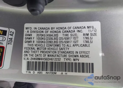 2013 Honda Cr-V Ex z USA, uszkodzony, nr VIN 2HKRM4H56DH612232